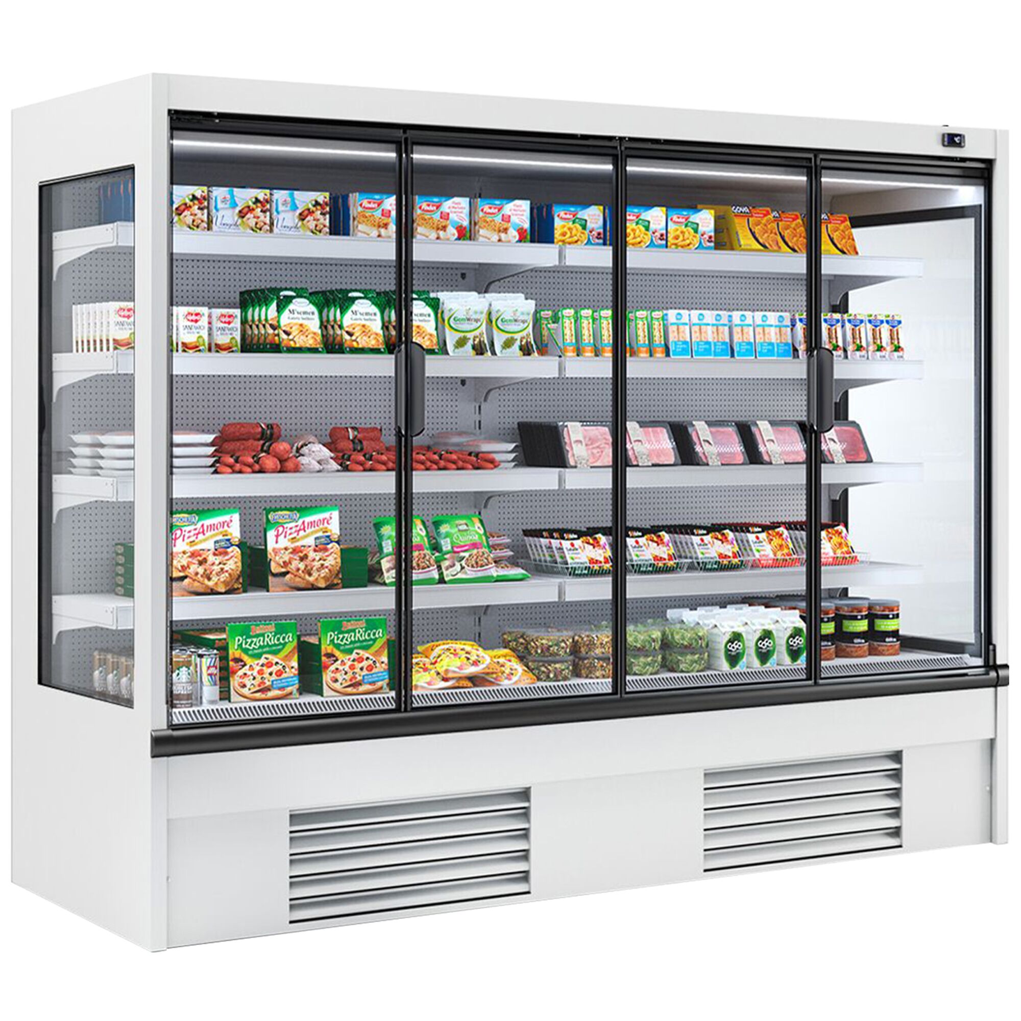 Vitrine murale réfrigérée - 2580mm - 910L - avec 4 portes battantes vitrées & 4 étagères - arrière fermé - Blanc
