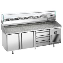 Pizzawerkbank PREMIUM PLUS - 1980x700mm - met granieten werkblad - met 2 deuren & 3 laden - incl. glasvitrine - 9x GN 1/4