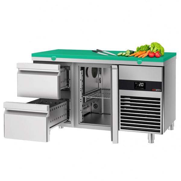 Koelwerkbank PREMIUM - 1400x700mm - kleur groen - met 1 deur - met 2 lades - met snijplank