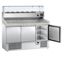 Pizzawerkbank ECO - 1400x700mm - met granieten werkblad - met 3 deuren - incl. glasvitrine - 6x GN 1/4