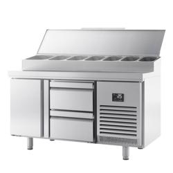 Comptoir de préparation réfrigéré - 1468x700mm - avec 1 Porte & 2 Tiroirs - À capot inox 1x GN 1/2 & 6x GN 1/3
