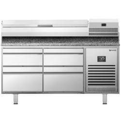 Banco pizza refrigerato PREMIUM PLUS - 1490x700mm - con 4 cassetti - piano in granito - con vetrina ingredienti refrigerata superiore - 6x GN 1/4