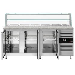 Mesa saladette refrigerada - 2020mm - 580L - 3 puertas macizas - con vitrina de cristal para 5x GN 1/1 & 1x GN 2/4 & 1 estante