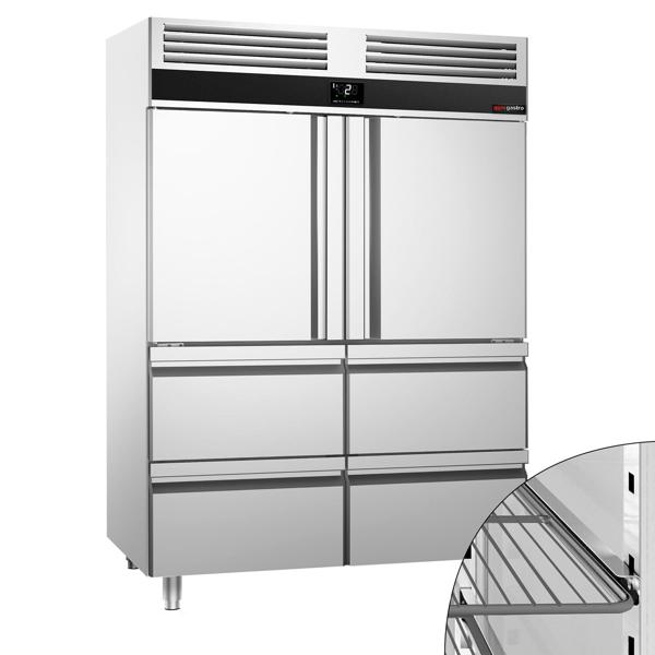Koelkast RVS PREMIUM - GN 2/1 - 1400liter - tot -2°C tot +8°C - met 2 deuren & 4 laden - geforceerde koeling, LED‑verlichting & legroosters