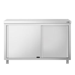 Tavolo armadiato passante in acciaio inox PREMIUM - 1400x600mm - con 4 porte scorrevoli su due lati