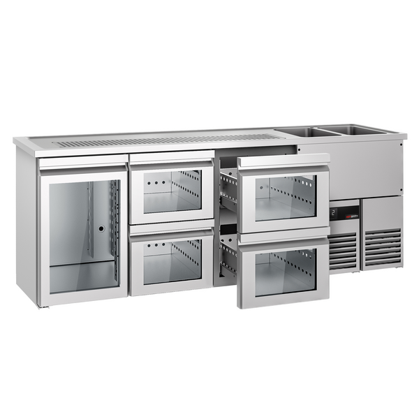 Barowy stół chłodniczy PREMIUM - 2500x700mm - 1 szklane drzwi & 4 szklane szuflady