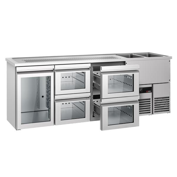 Refrigerated Beer Counter 1 Glass Door + 4 Glass Drawers, 2 Right Sinks PREMIUM – 2500×700×960 mm - 50 L keg/door - Racks not included - R290