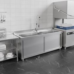 Commercial Pot Sink Cabinet – Stainless Steel - 2 Bowl - Splashback - 2 Sliding Doors - 2000x700mm