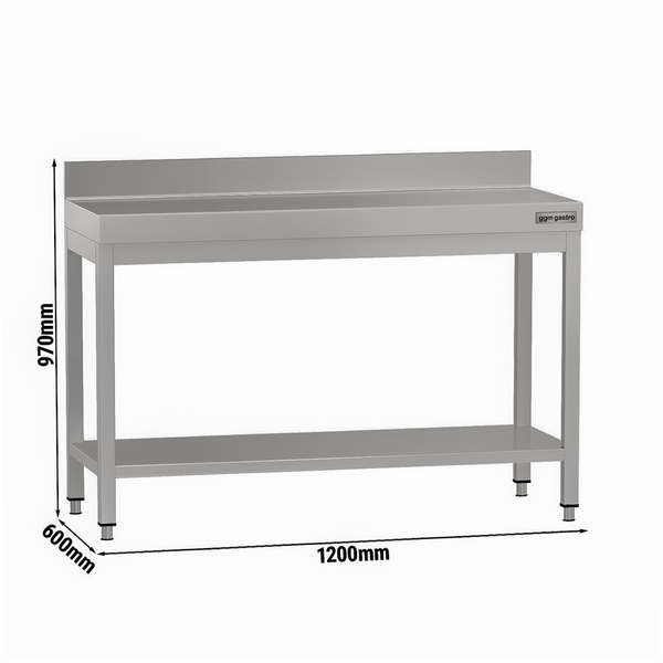 Mesa de trabajo de acero inox.    ECO 1,2 m - con zócalo y con estante inferior