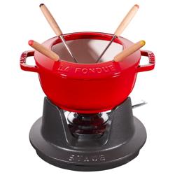 STAUB | Cast Iron Fondue Set – Ø 16 cm - Cherry Red - 4 Forks, Burner, Board