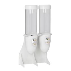 Dispenser per cereali - doppio - Ø 115mm - Bianco - dosatore a manopola - 2 contenitori in plastica trasparente - supporto in acciaio inox