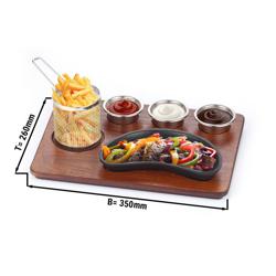Set de service fajitas - Set de 6 pièces - incl. 3 petits bols + panier à frites + planche MDF + poêle - Fonte + Acier inoxydable AISI 304 + MDF - 350x260mm - poêle en forme de haricot