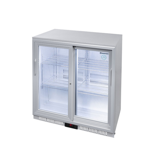 GASTRO-COOL | Bárhűtőszekrény - 900mm - 200 liter - 2 üveg tolóajtóval - ezüst színű