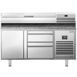 Pizzawerkbank PREMIUM PLUS - 1490x700mm - met granieten werkblad - met 1 deur & 2 laden - incl. opzetkoelvitrine - 6x GN 1/4