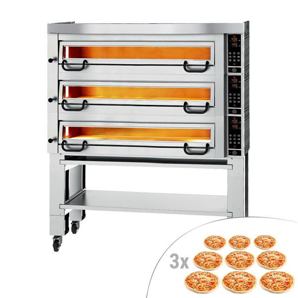 Elektrikli Pizza Fırını - Taş tabanlı - 34 cm x 9+9+9 Pizza Kapasiteli - Dijital - maks. 450°C - dâhil: Davlumbaz & Alt Çerçeve