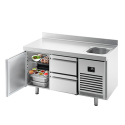 Koelwerkbank Premium PLUS - 1468x700mm - met 1 spoelbak, 1 deur, 2 laden & achterwand