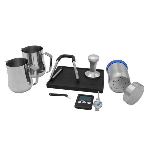 Barista kit - incl. 2 milk jugs, coffee tamper, tamper holder, probe thermometer, cleaning brush, 3 art stencils & digital timer