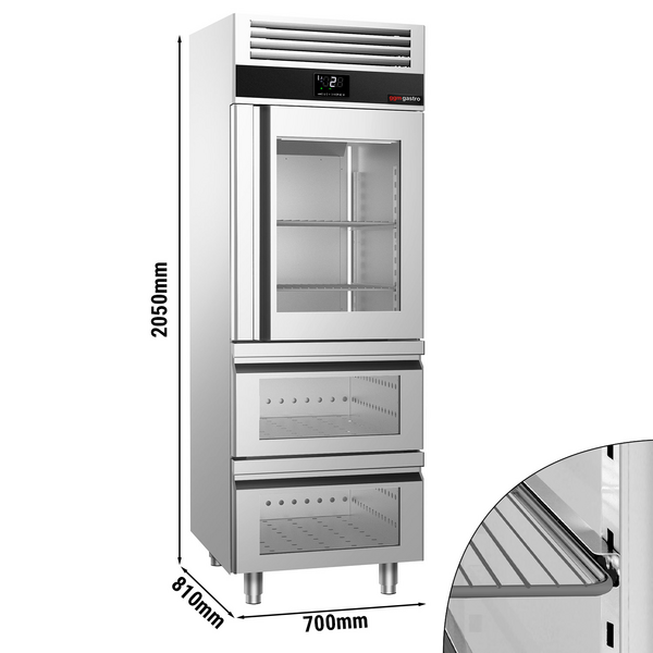 Buzdolabı paslanmaz çelik PREMIUM - GN 2/1 - 700 litre - 1 cam kapılı ve 2 cam çekmeceli
