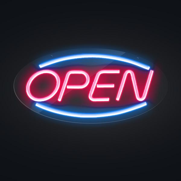 LED svjetleći natpis - OPEN - Crvena/Plava boja - 450x220 mm