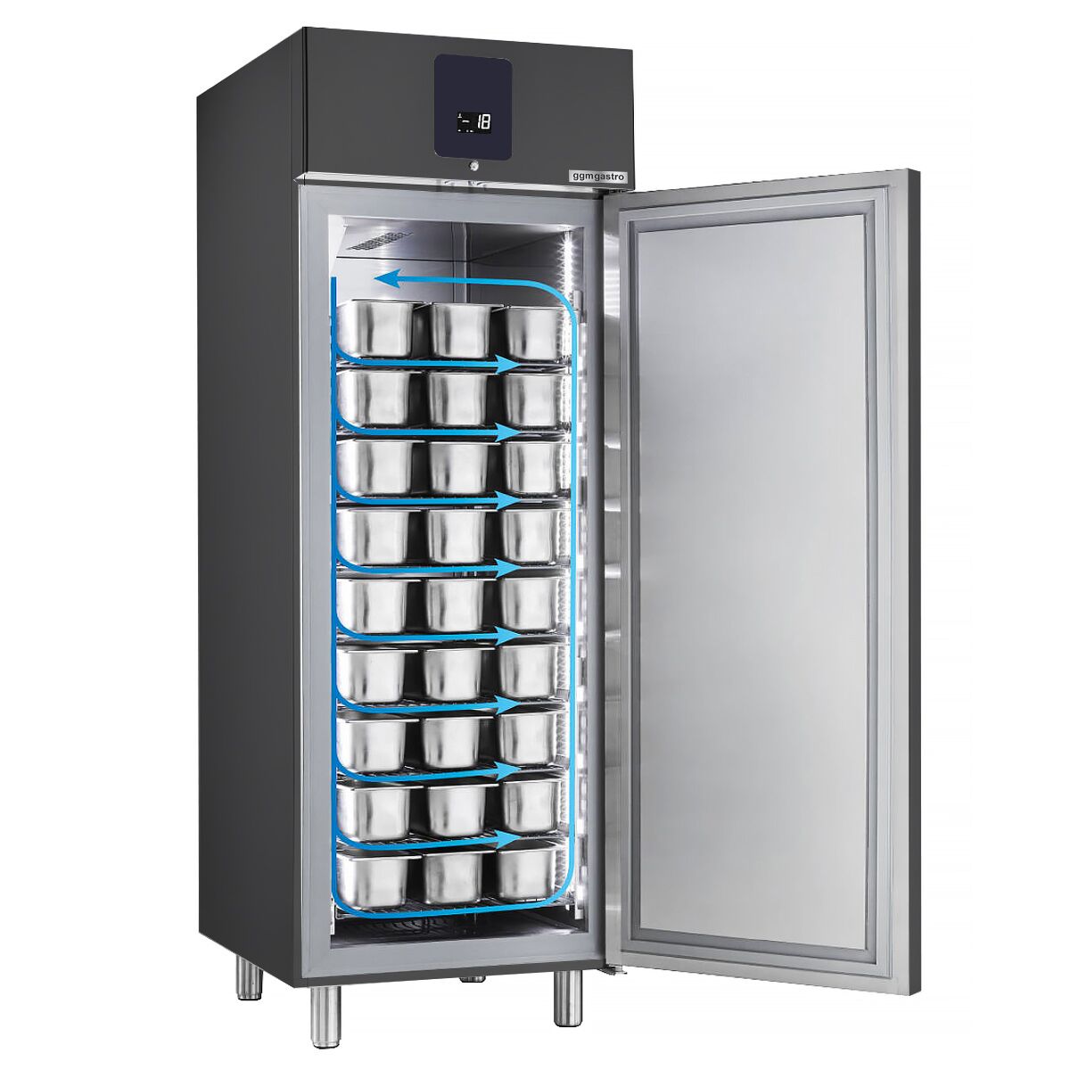 Armoire de conservation pour bacs à glace négative Inox AISI 304 PREMIUM PLUS - 647 L - avec 1 porte & 8 grilles - p.ex. pour 48× bacs à glace 5L ou 32× bacs 7L - Anthracite