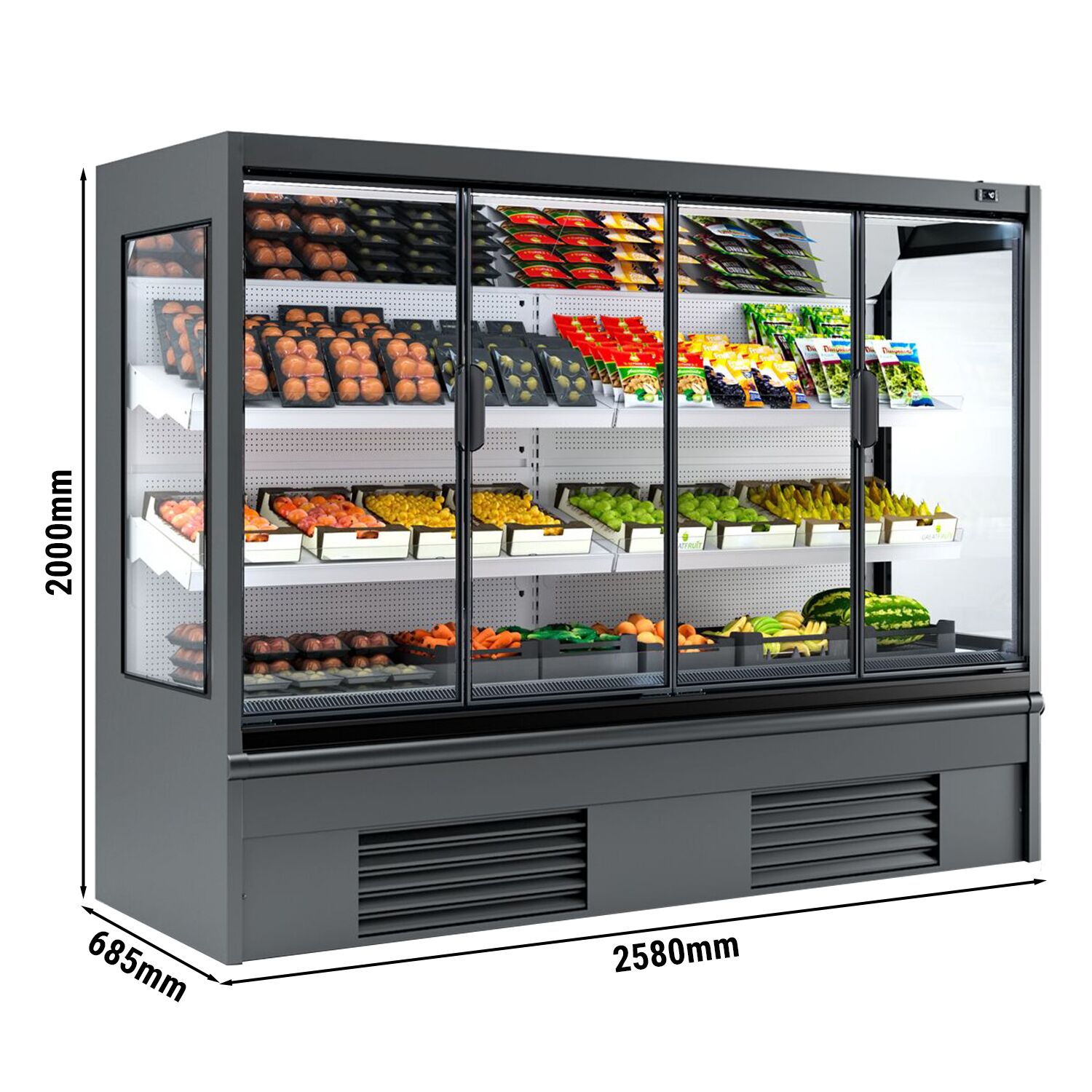 Vitrine murale réfrigérée - 2580mm - 740L - avec 4 portes battantes vitrées & 2 étagères - Anthracite (RAL7016)