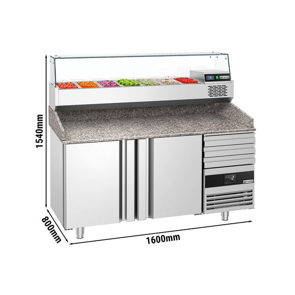 Mesa refrigerada de pizza com 2 portas, gavetas e vitrine refrigerada para 10 recipientes GN 1/3