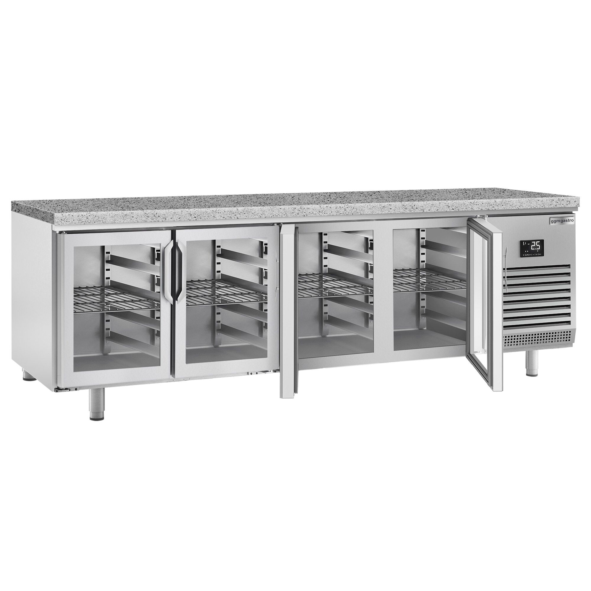Table réfrigérée de boulangerie PREMIUM PLUS - 2752x800 mm - 4 portes vitrées & plan de travail en granit