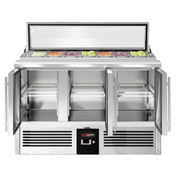 Saladette PREMIUM - 1365mm - 3 glazen deuren - met ingang voor 7x GN 1/3 & Glazen deksel