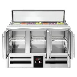 Commercial Saladette Counter PREMIUM - 1365mm - 248L - 3 glass doors - open top for 7 x GN 1/3 & glass lid