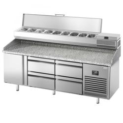 Masă rece pentru pizza PREMIUM PLUS - cu blat din granit - 1980x700 mm - cu 1 ușă & 4 sertare - cu vitrină de ingrediente - 9x GN 1/4