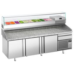 Pizzawerkbank PREMIUM PLUS - 2305x800mm - met granieten werkblad - met 3 deuren & 1 laden - incl. glasvitrine - 11x GN 1/4