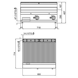 Gasbakplaat - 13,8kW - Geribbeld - Bakoppervlak: 795x500mm