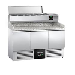 طاولة تحضير بيتزا مبردة PREMIUM - 1400x700 mm - مع 3 أبواب - سطح عمل جرانيت - شامل وحدة تبريد علوية - 6x GN 1/4