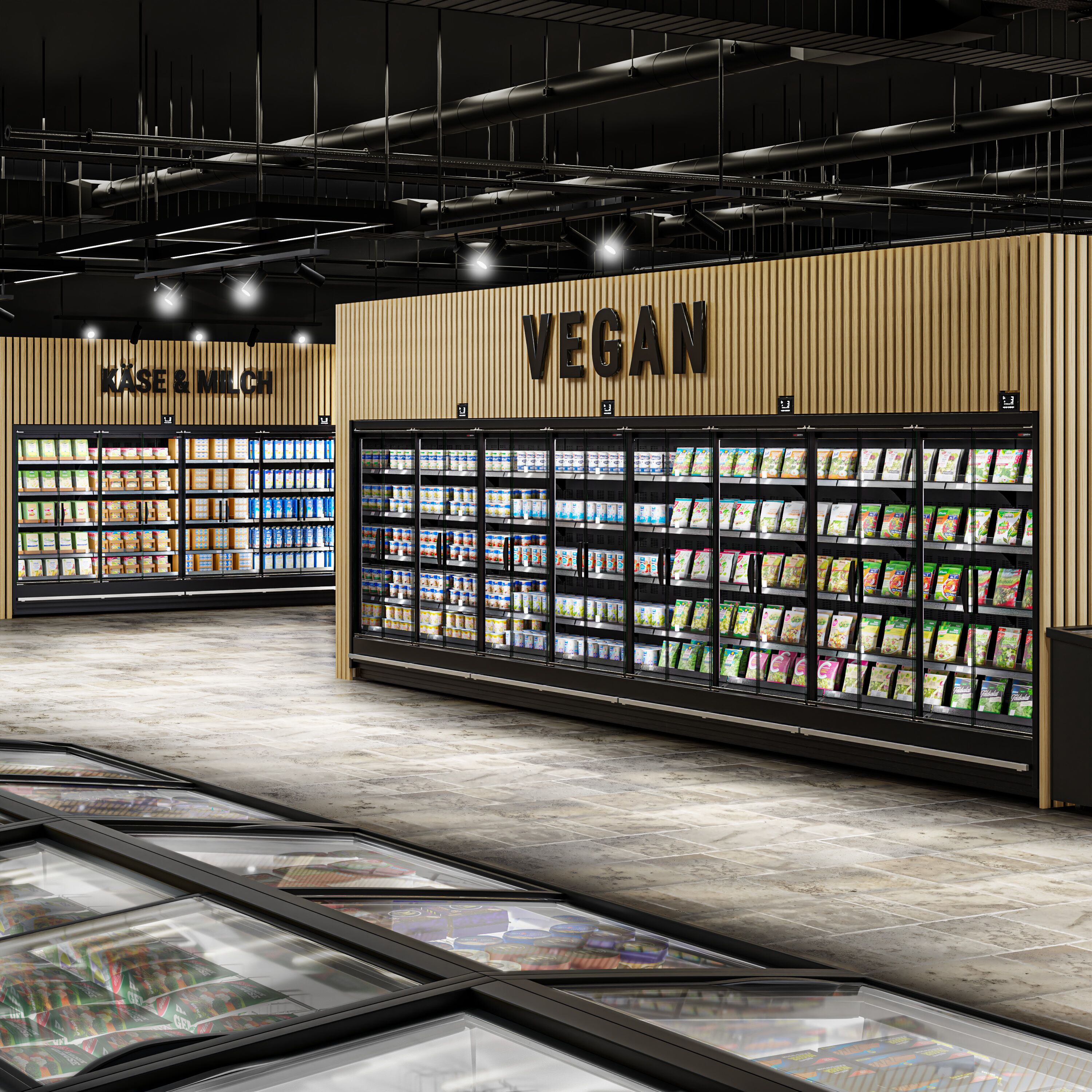 (6 pcs) Vitrine murale de congélation de supermarché - 11250mm - avec 4 portes battantes vitrées & 5 étagères - Noir