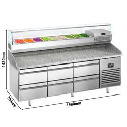 Pizzawerkbank PREMIUM PLUS - 1980x700mm - met granieten werkblad - met 6 laden - incl. glasvitrine - 9x GN 1/4