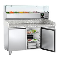 Chladicí stůl na pizzu ECO - 1500x800 mm - se 2 dveřmi - se žulovou pracovní deskou - vč. chladicí nástavbové vitríny - 7x GN 1/4