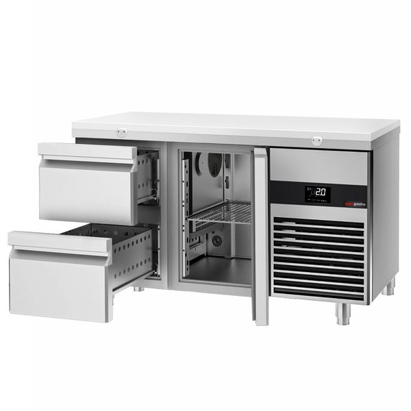 Chladicí stůl PREMIUM - 1400x700x910 mm - 281 l - Barva bílá - s 1 dveřmi - s 2 zásuvkami - krájecí deska bílá