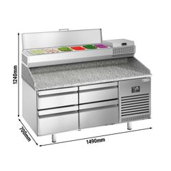Pizzawerkbank PREMIUM PLUS - 1490x700mm - met granieten werkblad - met 4 laden - incl. opzetkoelvitrine - 6x GN 1/4