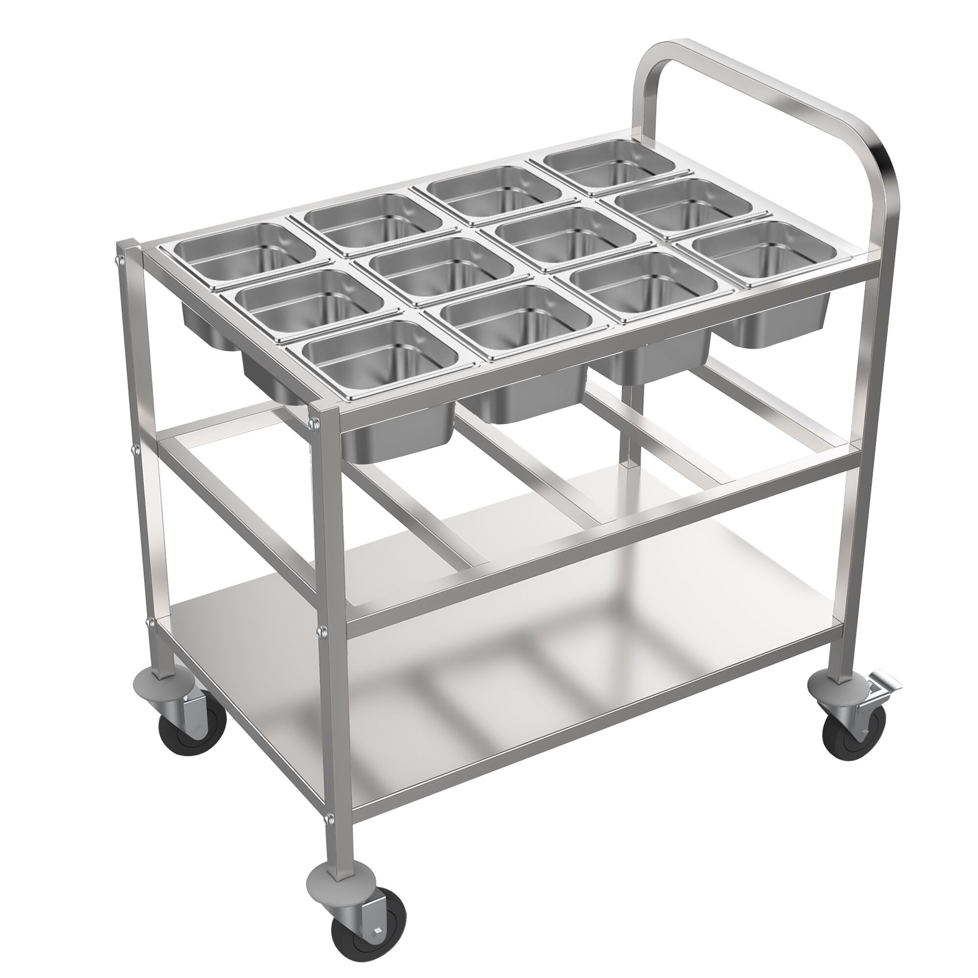 Chariot de service 800 mm – avec 2 surfaces de rangement pour 12 bacs GN 1/6 chacune