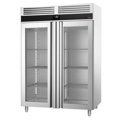 Vrieskast RVS PREMIUM - GN 1/1 - GN 2/1 - 1400mm - 1400liter - tot -20°C tot -12°C - met 2 glasdeuren - geforceerde koeling, automatische ontdooiing & LED‑verlichting