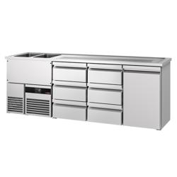 Lada barmańska PREMIUM - 2500x700mm - 1 Drzwi & 6 Szuflady - z 2 zlewami po lewej i ociekaczem