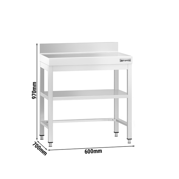 Edelstahl Arbeitstisch PREMIUM - 600x700mm - mit Grundboden, Aufkantung & Verstrebung