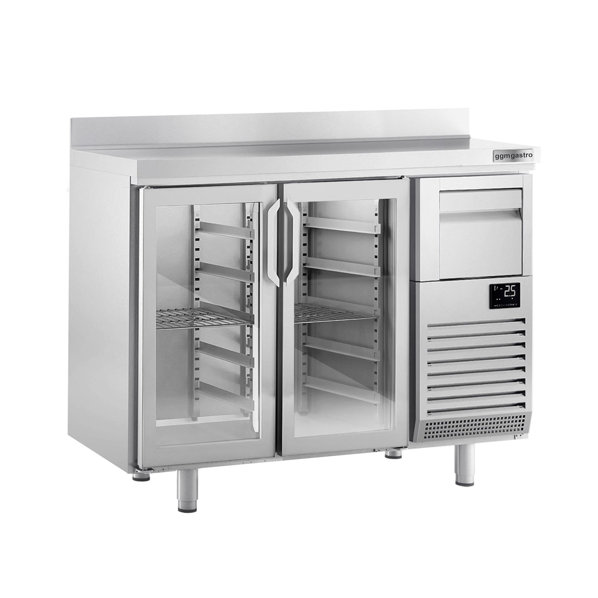 Commercial Back Bar Bottle Cooler PREMIUM PLUS - 1468x600x1150mm - 340L - with 2 Hinged Glass Doors, upstand & knock box for coffee