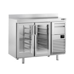 Backbar PREMIUM PLUS - 1468x600 mm - 340 liter - 2 hängda glasdörrar, skyddskant 100 mm & utslagslåda för kaffe - rostfritt stål