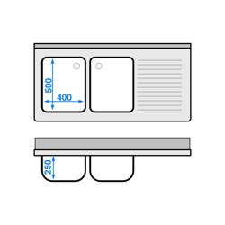 RVS spoeltafel ECO - 1400x700mm - met onderblad - met 2 spoelbakken links