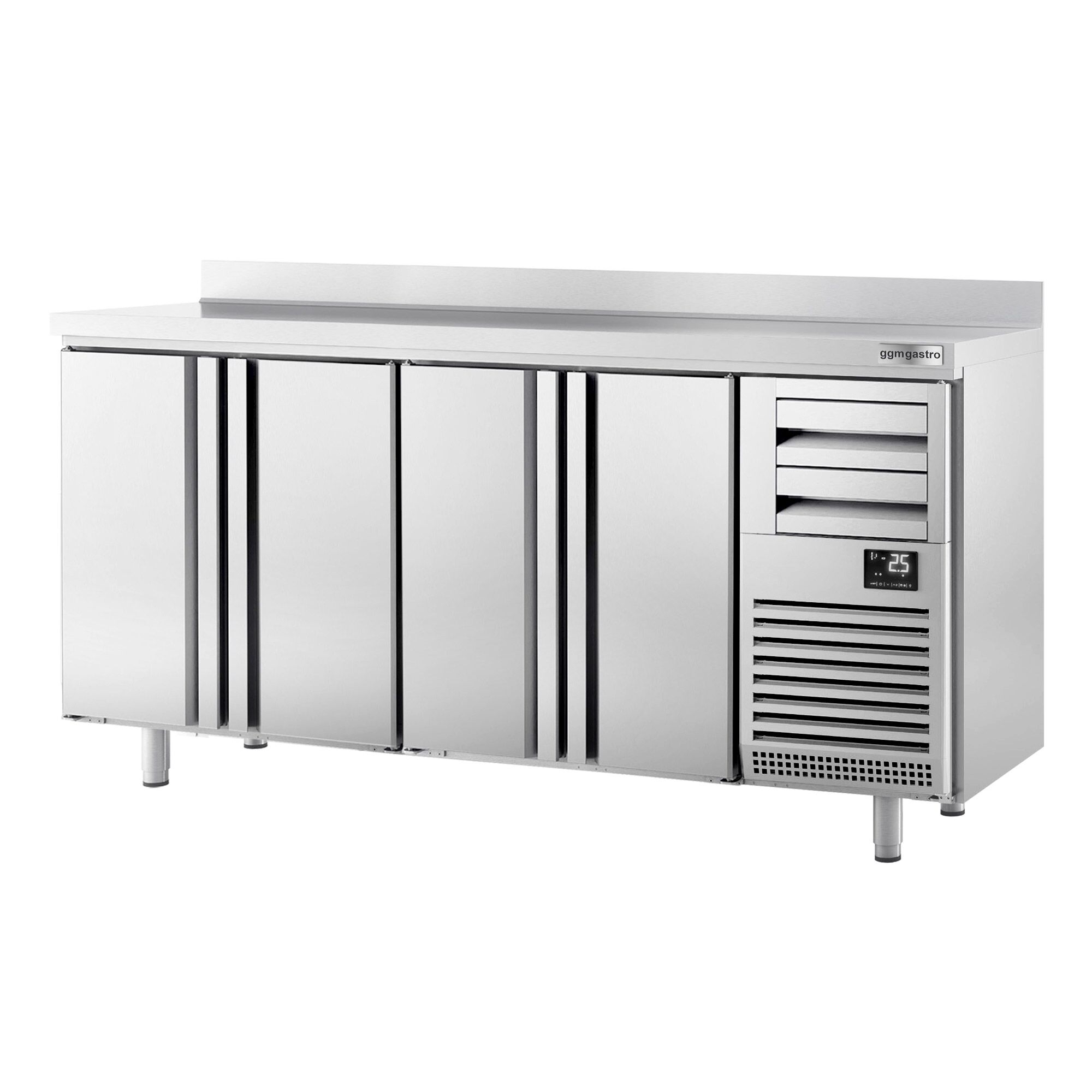 Arrière-bar réfrigéré professionnel  Premium PLUS - 2450 x 600 mm - avec 4 portes, 2 tiroirs et dosseret