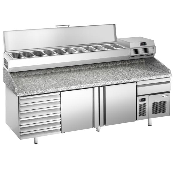 طاولة تحضير بيتزا مبردة PREMIUM PLUS - 2305x800 mm - مع بابان و 6 أدراج - سطح عمل جرانيت - شامل وحدة تبريد علوية - 11x GN 1/4