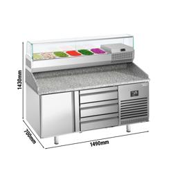 Pizzawerkbank PREMIUM PLUS - 1490x700mm - met granieten werkblad - met 1 deur & 3 laden - incl. glasvitrine - 6x GN 1/4