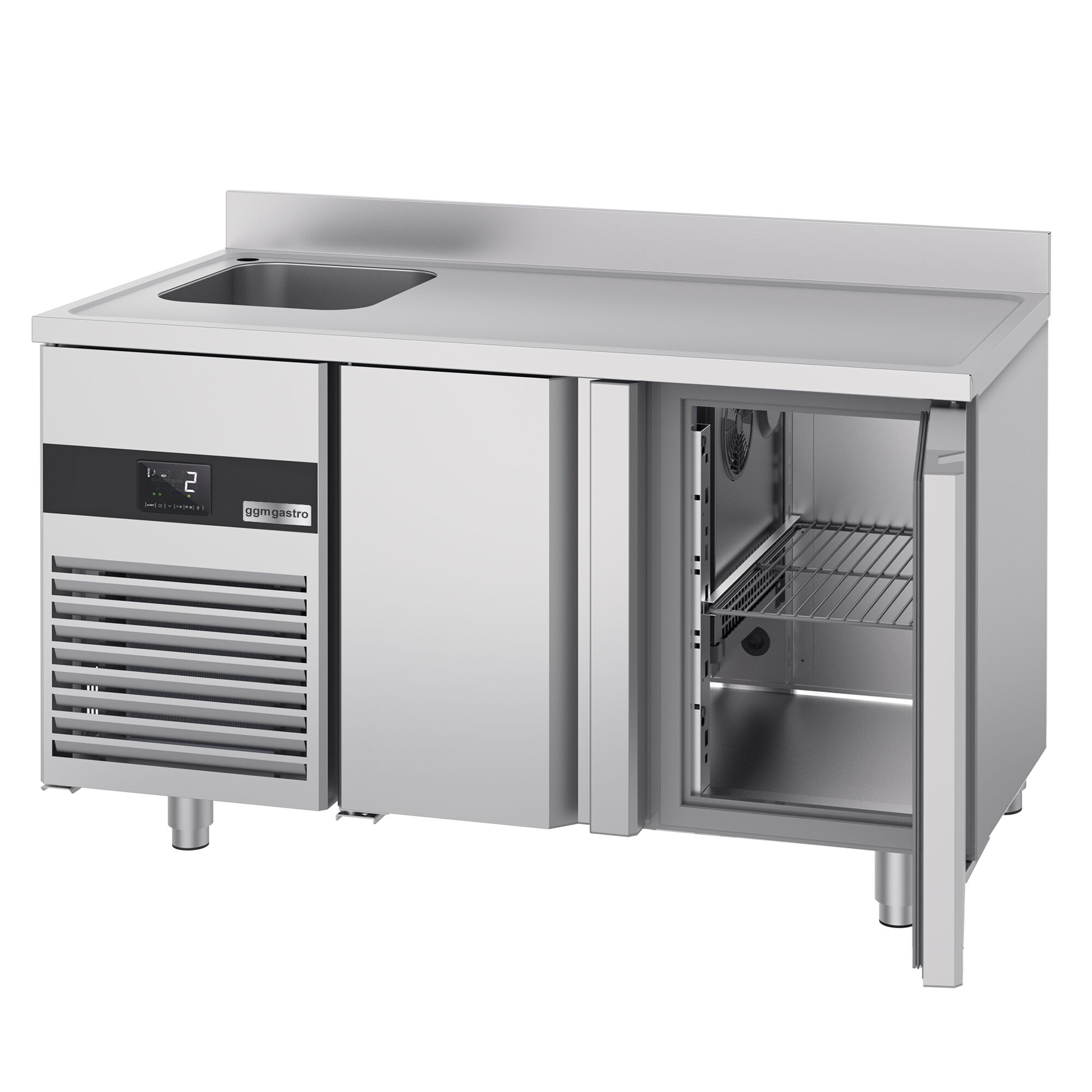 Table réfrigérée PREMIUM - 1430 x 700 mm - avec 2 portes, 1 bac à gauche - dosseret