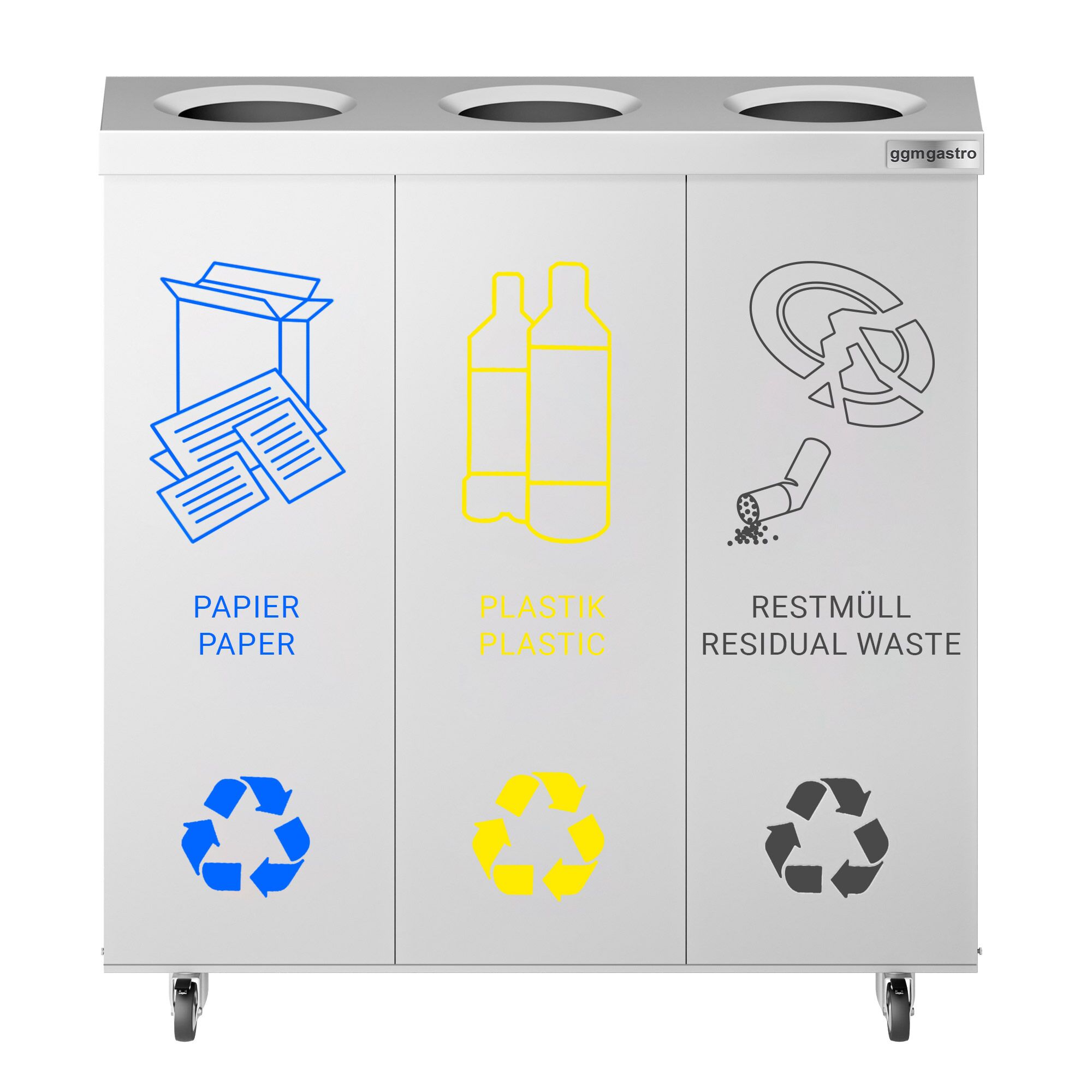 Poubelle de tri sélectif - 3 bacs de 25L chacun - 75L - 755x725x255mm - avec roulettes, bacs amovibles, autocollants de tri - Acier inoxydable